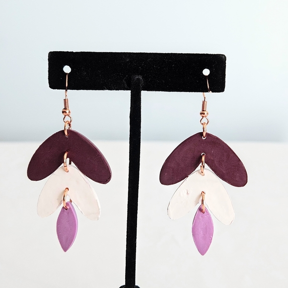 Handmade 3-Tier Iridescent Animal Print Purple/White/Rose Gold Floral Earrings - Picture 4 of 5